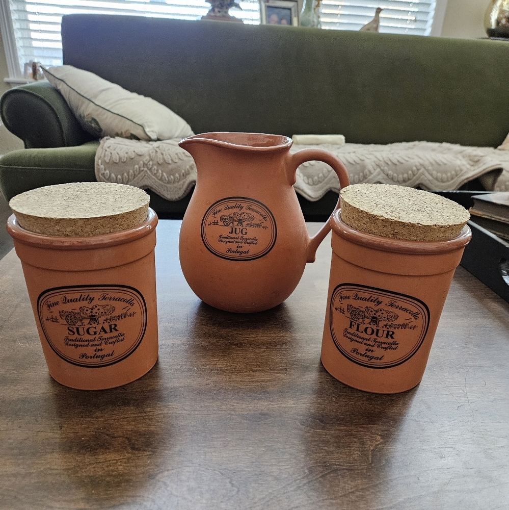Sugar Flour Milk Jug Terracotta Clay Canister Set Cork Lid Portugal Rustic